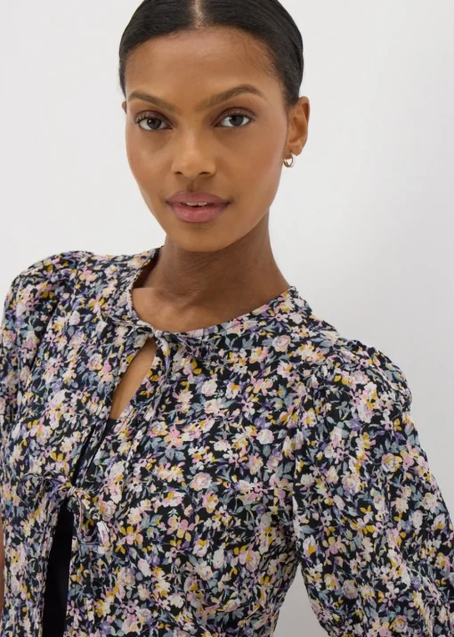 Black Tie Front Peplum Floral Blouse