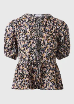 Black Tie Front Peplum Floral Blouse