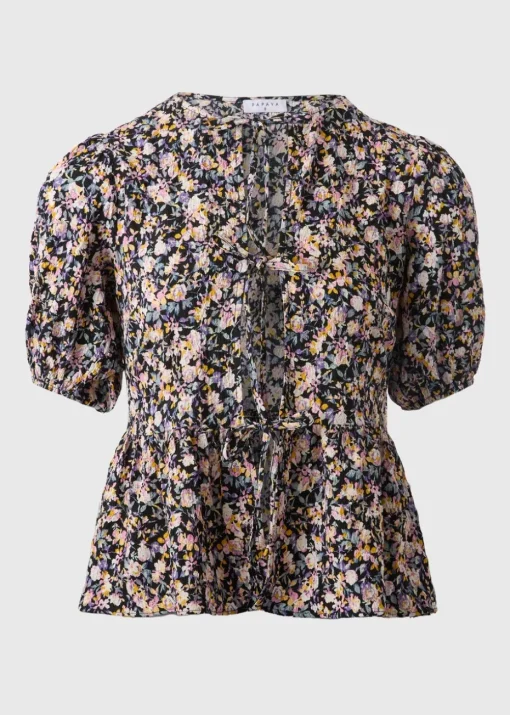 Black Tie Front Peplum Floral Blouse