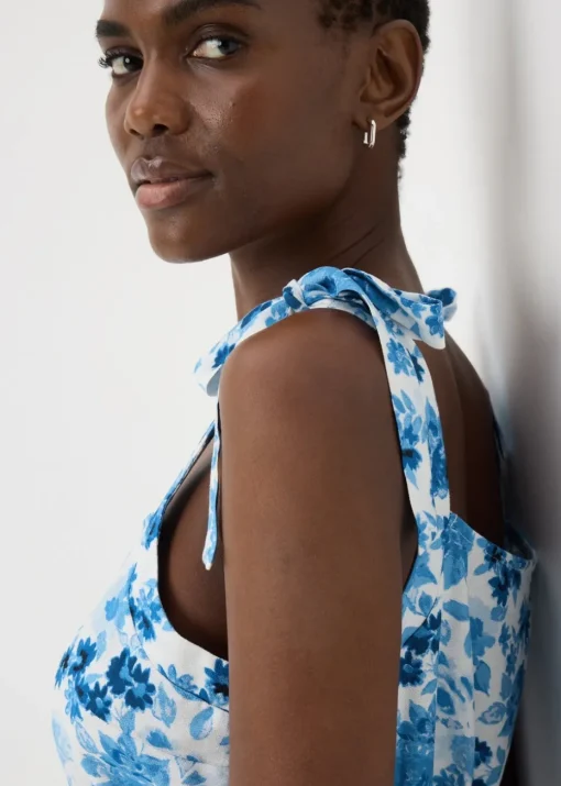 Blue Floral Tie Midi Dress