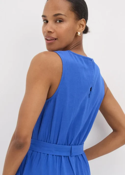 Blue Linen Blend Tie Waist Jumpsuit