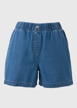 Blue Mid Wash Cotton Paper Bag Shorts