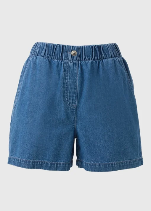 Blue Mid Wash Cotton Paper Bag Shorts
