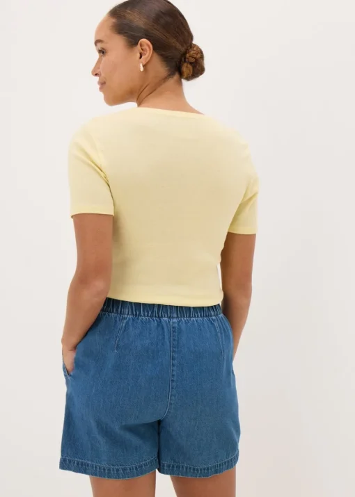 Blue Mid Wash Cotton Paper Bag Shorts