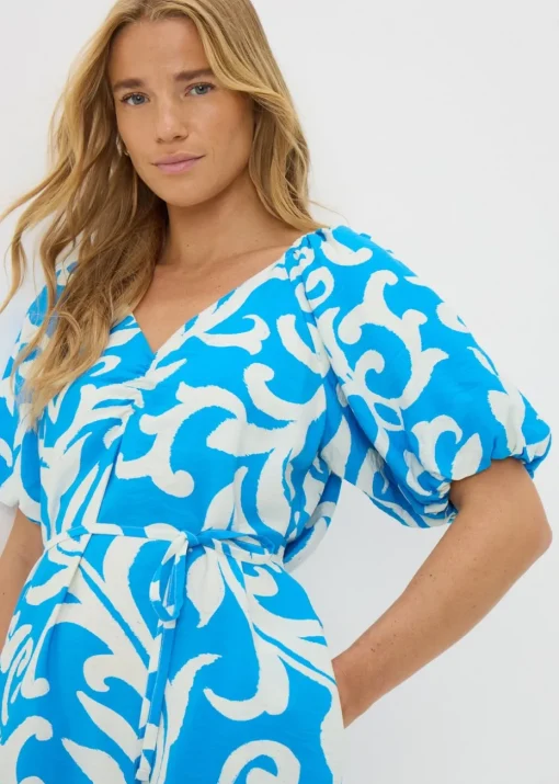 Blue Patterned Tie Waist Midi Dress