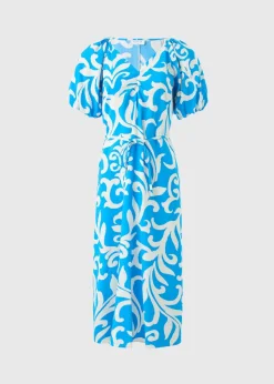Blue Patterned Tie Waist Midi Dress