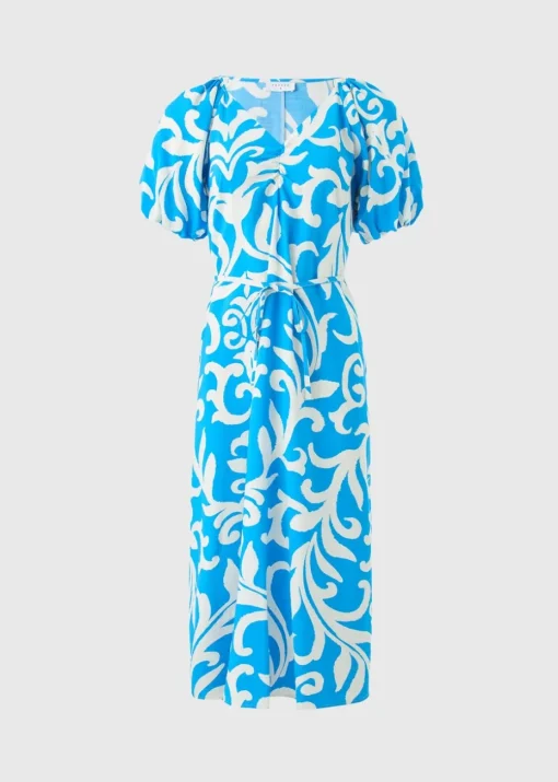 Blue Patterned Tie Waist Midi Dress