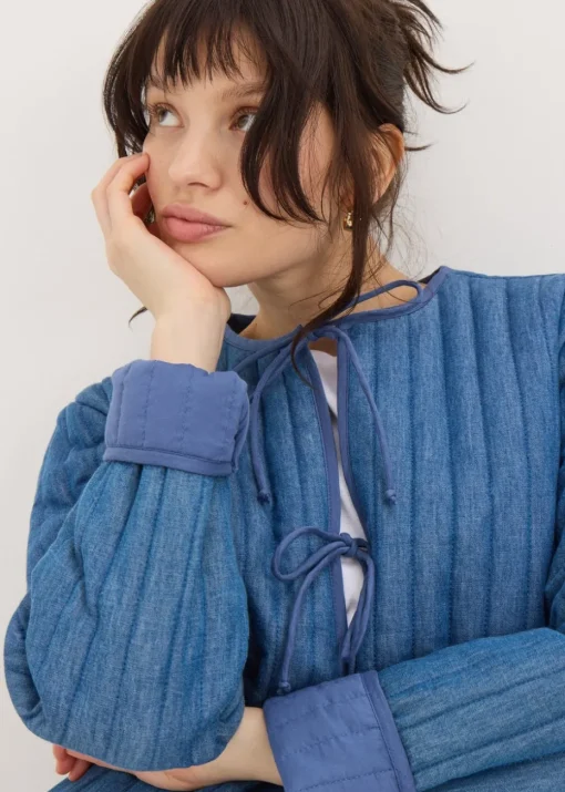 Blue Quilted Denim Tie Front Jacket