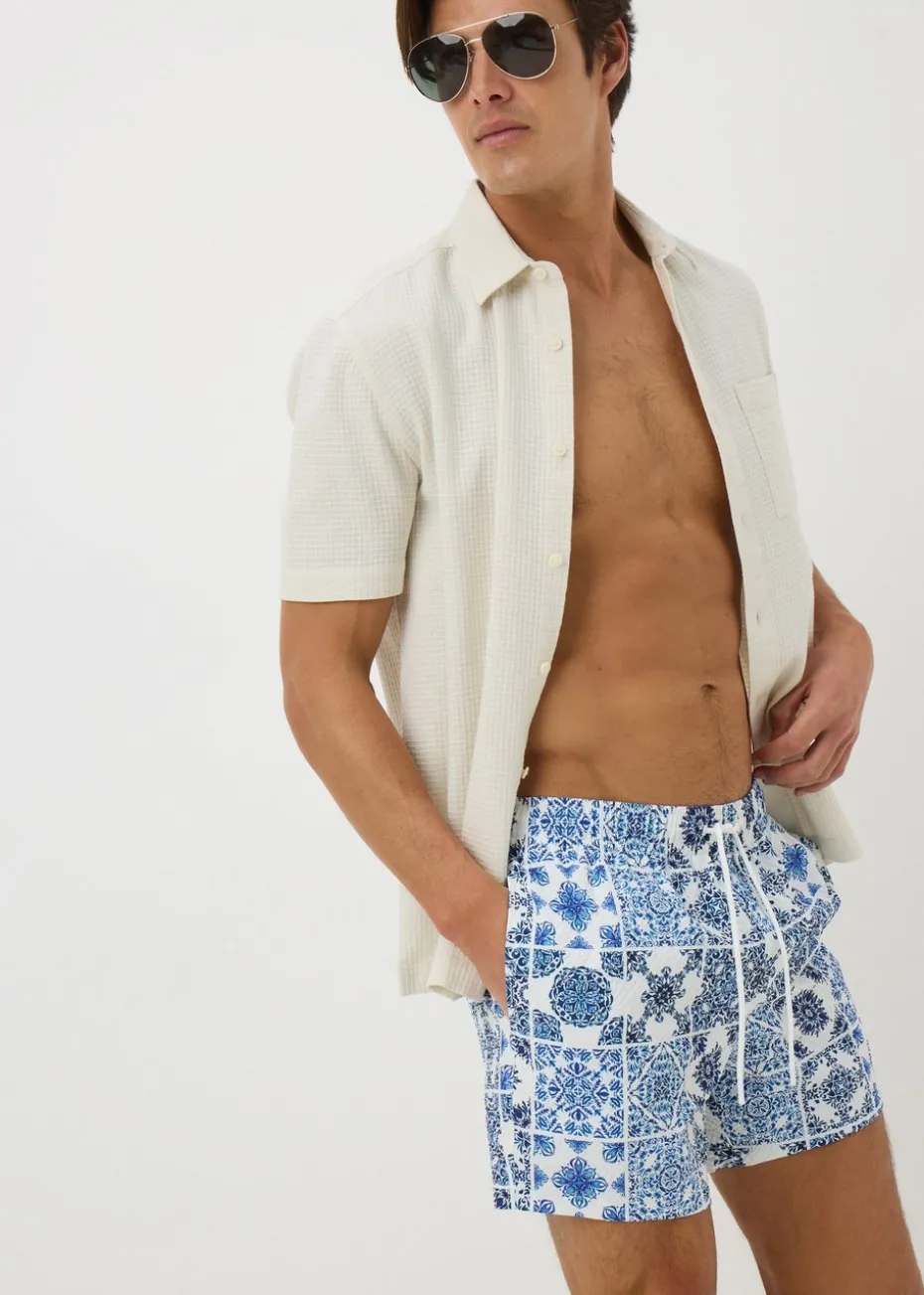 Blue Textured Tile Print Swim Shorts