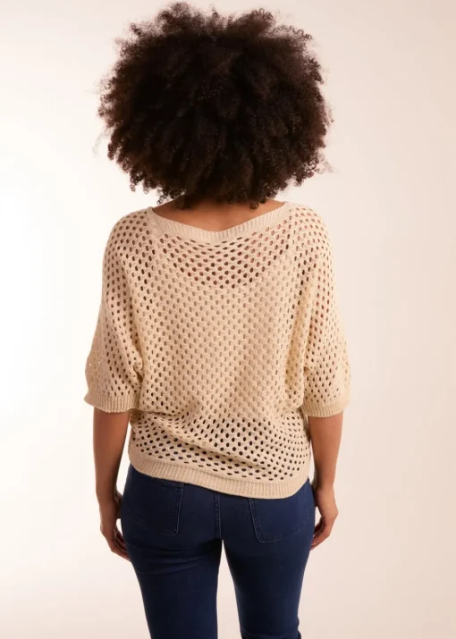 Blue Vanilla Beige Crochet V Neck Top