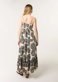 Blue Vanilla Black Abstract Strappy Button Front Maxi Dress