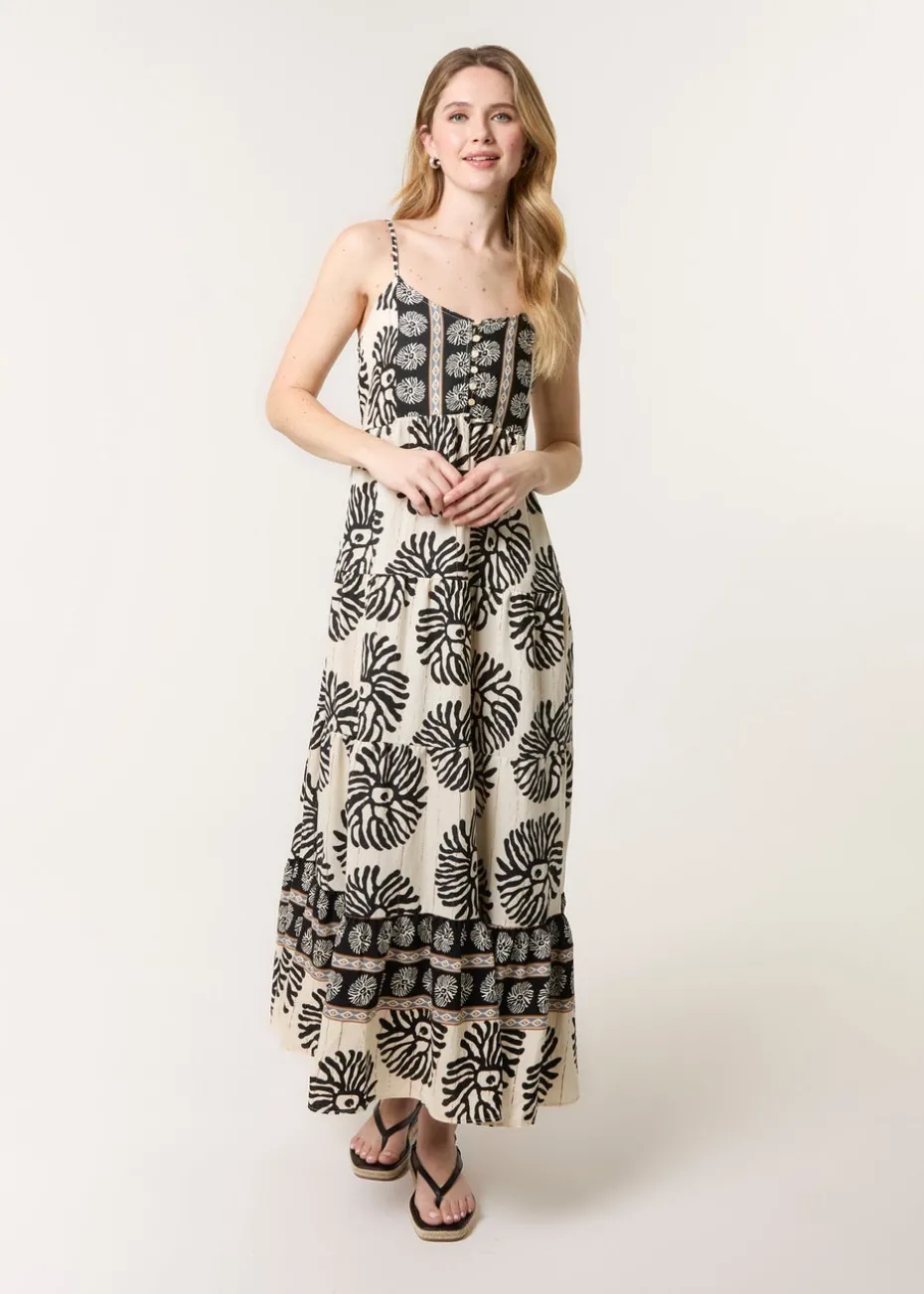 Blue Vanilla Black Abstract Strappy Button Front Maxi Dress