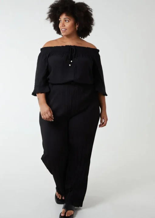 Blue Vanilla Black Curve Bardot Tie Front Top