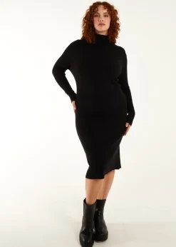 Blue Vanilla Black Curve Ribbed Roll Neck Midi Dress