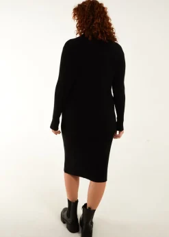 Blue Vanilla Black Curve Ribbed Roll Neck Midi Dress