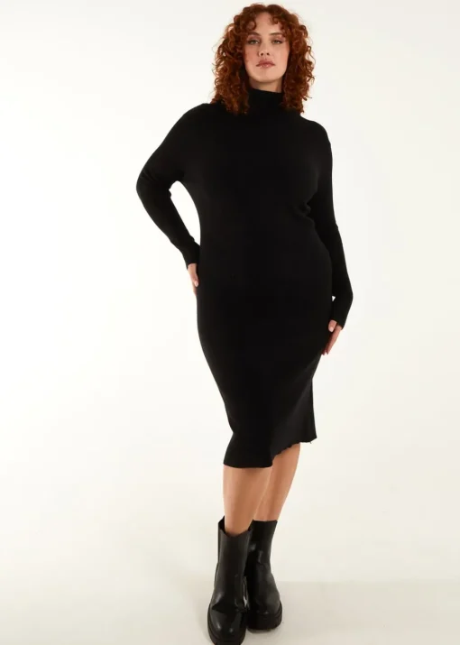 Blue Vanilla Black Curve Ribbed Roll Neck Midi Dress
