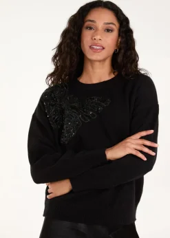 Blue Vanilla Black Embellished Sequin Butterfly Jumper