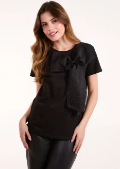 Blue Vanilla Black Embellished Bow Apllique T-shirt