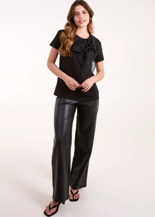 Blue Vanilla Black Embellished Bow Apllique T-shirt