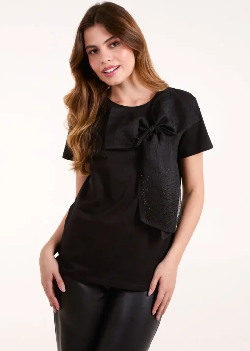 Blue Vanilla Black Embellished Bow Apllique T-shirt