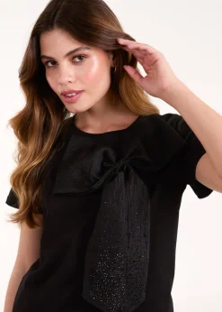 Blue Vanilla Black Embellished Bow Apllique T-shirt