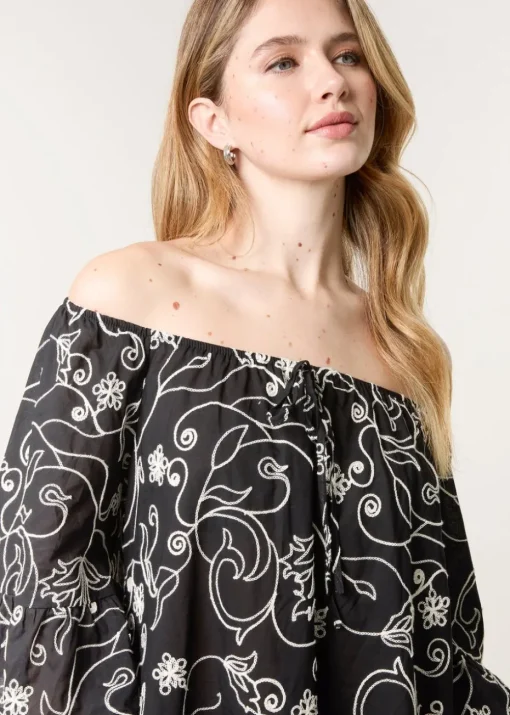 Blue Vanilla Black Embroidered Smock Dress