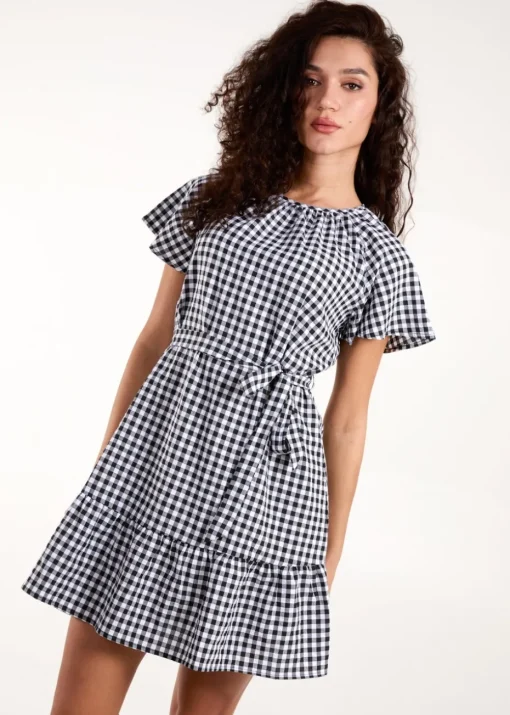 Blue Vanilla Black Gingham Belted Waist Mini Dress