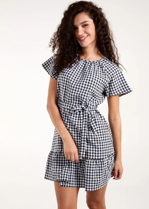 Blue Vanilla Black Gingham Belted Waist Mini Dress