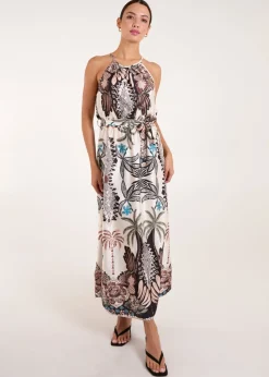 Blue Vanilla Black Halter Neck Satin Belted Midi Dress