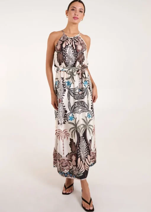 Blue Vanilla Black Halter Neck Satin Belted Midi Dress
