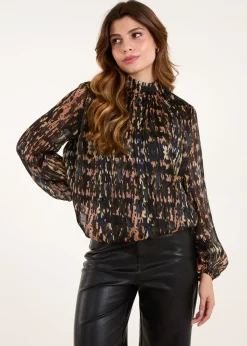 Blue Vanilla Black High Neck Abstract Cuff Sleeve Blouse