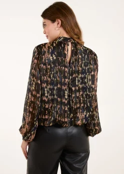Blue Vanilla Black High Neck Abstract Cuff Sleeve Blouse