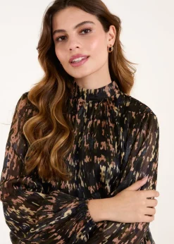 Blue Vanilla Black High Neck Abstract Cuff Sleeve Blouse