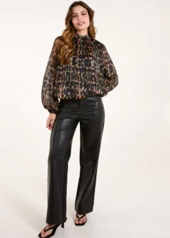 Blue Vanilla Black High Neck Abstract Cuff Sleeve Blouse