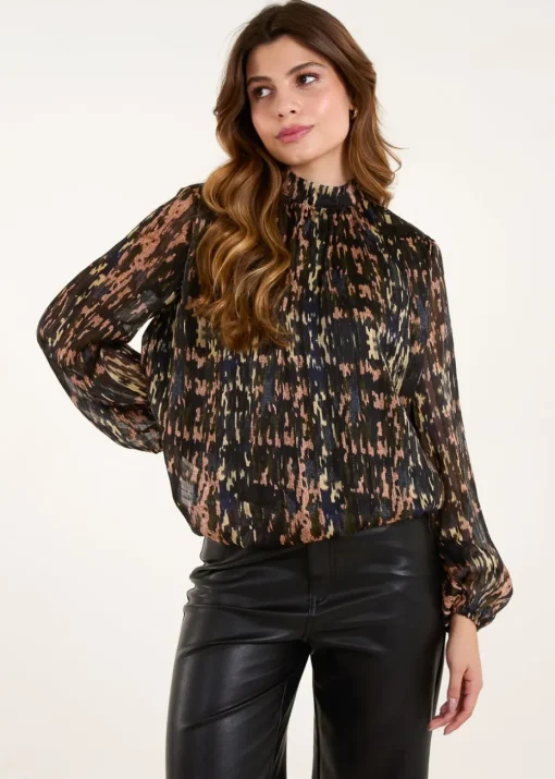Blue Vanilla Black High Neck Abstract Cuff Sleeve Blouse
