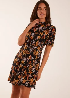 Blue Vanilla Black High Neck Angel Sleeve Floral Dress