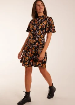 Blue Vanilla Black High Neck Angel Sleeve Floral Dress