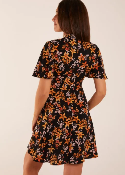Blue Vanilla Black High Neck Angel Sleeve Floral Dress