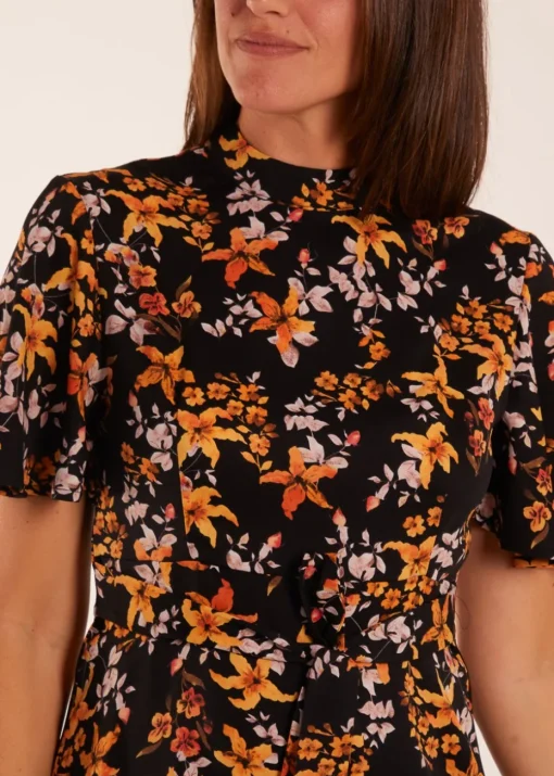 Blue Vanilla Black High Neck Angel Sleeve Floral Dress