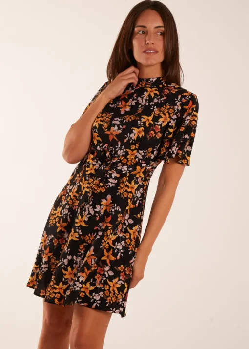 Blue Vanilla Black High Neck Angel Sleeve Floral Dress
