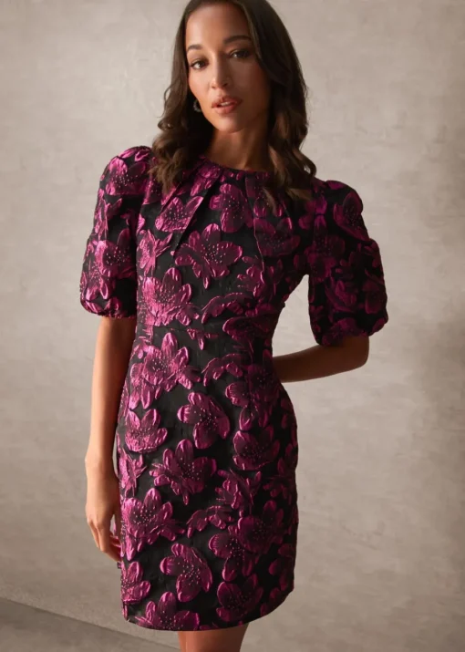 Blue Vanilla Black Luxe Puff Sleeve Jacquard Mini Dress