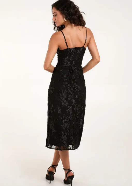 Blue Vanilla Black Luxe Ruched Devore Midi Dress