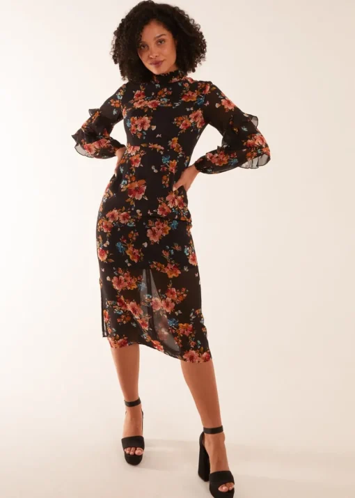 Blue Vanilla Black Midi Dress With Sleeve Details