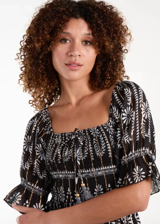 Blue Vanilla Black Milkmaid Shirred Square Neck Midi Dress