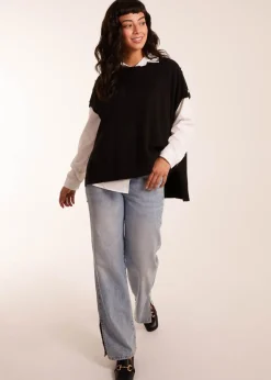 Blue Vanilla Black Oversized Button Shoulder Top