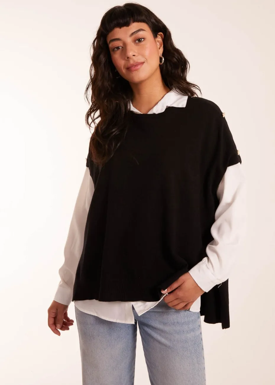 Blue Vanilla Black Oversized Button Shoulder Top