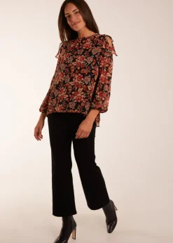Blue Vanilla Black Pattern Cold Shoulder Frill Blouse