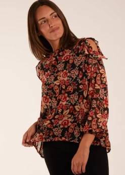 Blue Vanilla Black Pattern Cold Shoulder Frill Blouse