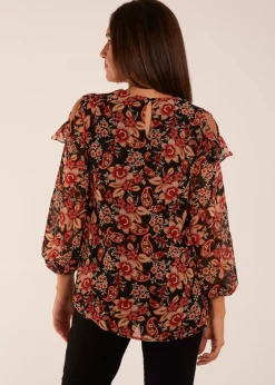 Blue Vanilla Black Pattern Cold Shoulder Frill Blouse