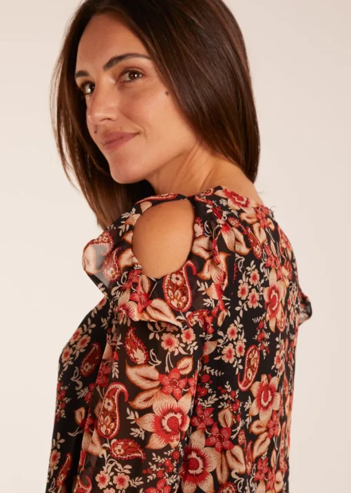 Blue Vanilla Black Pattern Cold Shoulder Frill Blouse